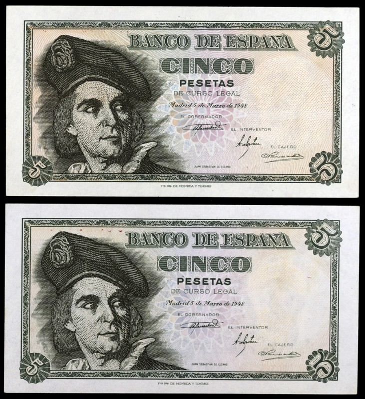 1948. 5 pesetas. (Ed. D56a) (Ed. 455a). 5 de marzo, Elcano. 2 billetes, series A...