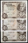 1948. 1 peseta. (Ed. D58 y D58a) (Ed. 457 y 457a). 19 de junio, Dama de Elche. 3 billetes, sin serie y series A y M. S/C-.