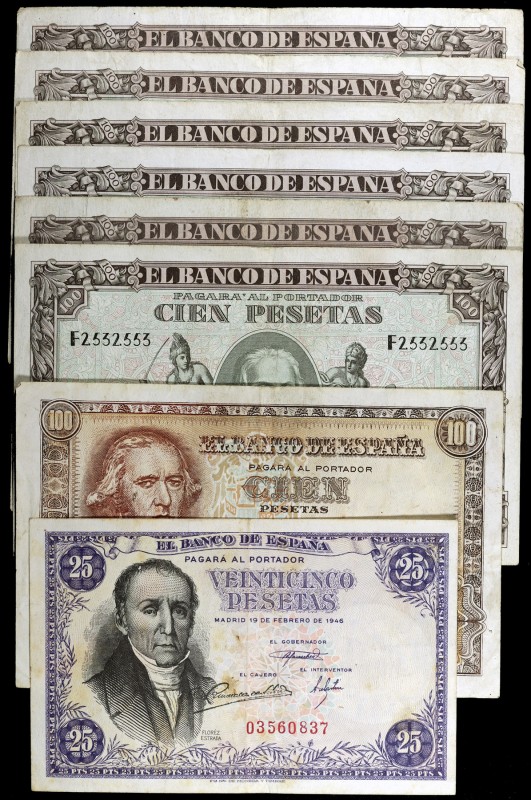 1940 a 1948. 25 y 100 pesetas (siete). Lote de 8 billetes españoles. A examinar....