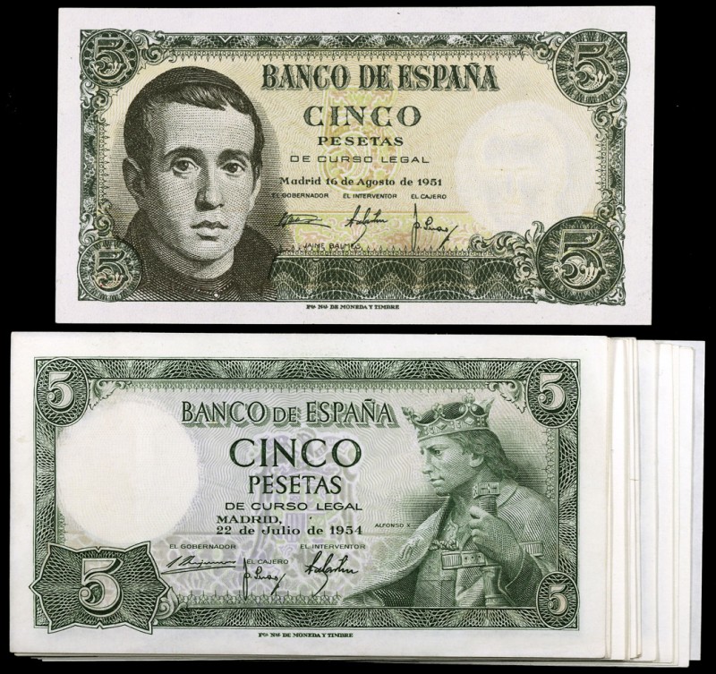 1951 y 1954. 5 pesetas. Lote de 16 billetes, Balmes serie L y Alfonso X serie I ...