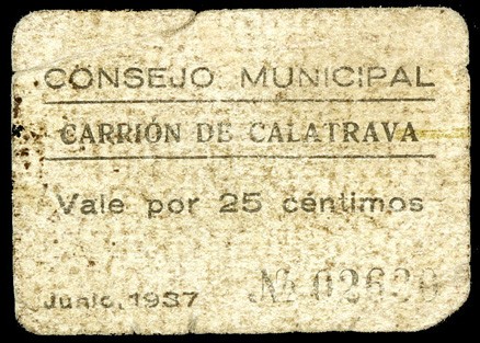 Carrión de Calatrava (Ciudad Real). 25 céntimos. (KG. 247). Cartón. Raro. BC.