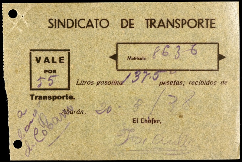 Abarán (Murcia). Sindicato de Transporte. Vale por 45, 50 y 55 litros de gasolin...