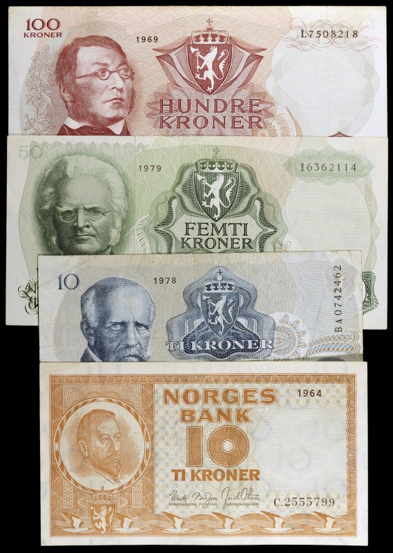 1964-1979. Noruega. Banco Noruego. 10 (dos), 50 y 100 coronas. 4 billetes. MBC-/...