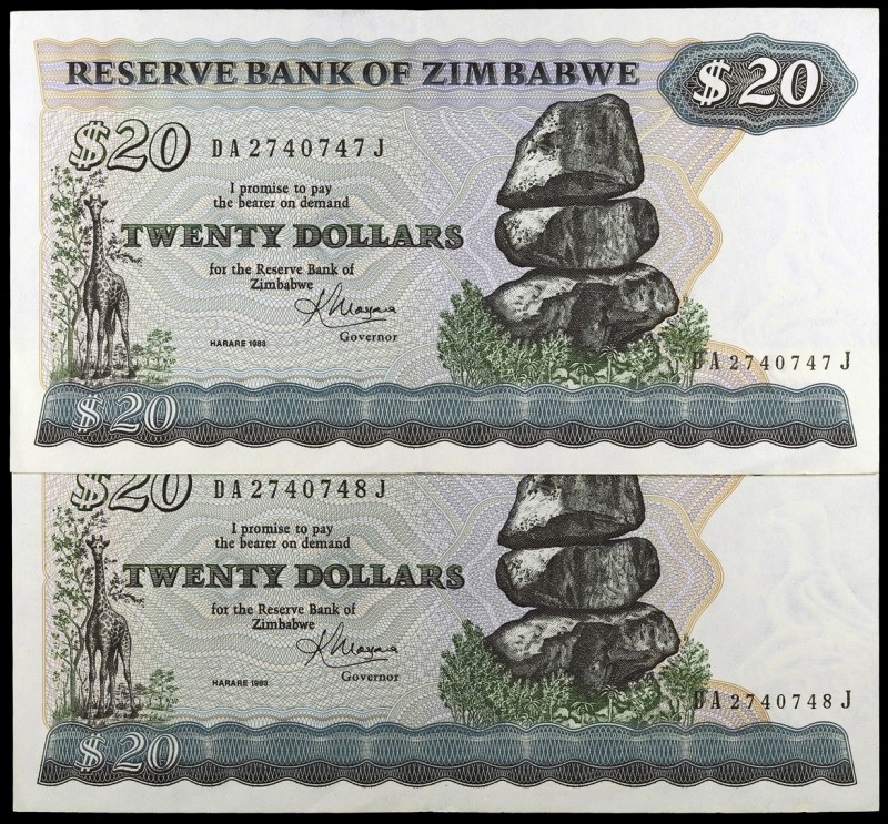 1983. Zimbabwe. Banco de la Reserva. 20 dólares. (Pick 4c). 2 billetes, pareja c...