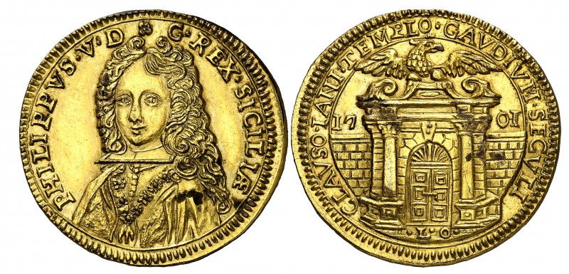 1701. Felipe V. Sicilia. Proclamación. (Ha. 18 var. metal) (MHE. 112, mismo ejem...