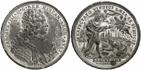 1705. Archiduque Carlos de Austria. Toma de Barcelona. (MHE. 165, mismo ejemplar) (V.Q. 14004 var. metal) (Van Loon V, pág. 19.I). 17,60 g. Ø43 mm. Zi...