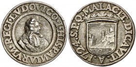1724. Luis I. Málaga. Proclamación. (Ha. 9) (MHE. 200, mismo ejemplar) (V. 13) (V.Q. 12927). 6,25 g. Ø30 mm. Plata fundida. Bella. Muy rara. EBC+.