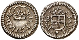 1746. Fernando VI. Jaén. Proclamación. (Ha. 14) (MHE. 216, mismo ejemplar). 1,57 g. Ø13 mm. Plata fundida. Muy rara. (EBC).