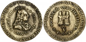 1748. Fernando VI. San Roque. Proclamación. (Ha. 26 var. metal) (MHE. 223, mismo ejemplar). 9,58 g. Ø36 mm. Latón. Ex Colección Jordana de Pozas. Rara...