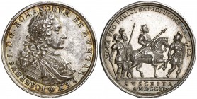 1702. Austria. José I. El Rey en campaña. (MHE. 397, mismo ejemplar) (Van Loon IV, pág. 382). 14,52 g. Ø32 mm. Plata. Grabador: Ch. Wermuth (Forrer VI...