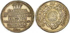 1711. Austria. Carlos VI. Coronación en Frankfurt. Jetón. (D. 4778) (MHE. 461, mismo ejemplar) (V.Q. 14028 var. metal) (Van Loon V, pág. 196.I). 4,10 ...