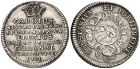 1711. Austria. Carlos VI. Coronación en Frankfurt. Jetón. (D. 4779) (MHE. 462, mismo ejemplar) (V.Q. 14029) (Van Loon V, pág. 196.II). 2,05 g. Ø20 mm....
