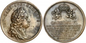 1712. Austria. Carlos VI. Coronación de Carlos como Rey de Hungría. (MHE. 425, mismo ejemplar). 37,85 g. Ø49 mm. Bronce. Grabadores: B. Richter (anv -...