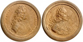 (1706). Gran Bretaña. Ana. Medallón de madera con bustos del Duque de Marlborough y del Príncipe Eugenio. (MHE. 680, mismo ejemplar). 20,24 g. Ø53 mm....