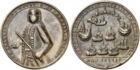 1739. Gran Bretaña. Jorge II. Almirante Vernon - Batalla de Portobello. (MHE. 698, mismo ejemplar). 14 g. Ø37 mm. Latón. MBC+.