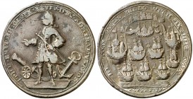 1739. Gran Bretaña. Jorge II. Almirante Vernon - Batalla de Portobello. (MHE. 699, mismo ejemplar). 13,30 g. 37 mm. Latón. MBC-.