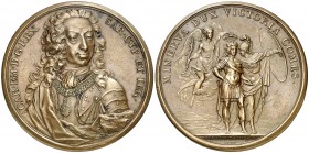 1739. Italia. Carlos Manuel III de Saboya. Cerdeña. (MHE. 716, mismo ejemplar). 70,74 g. Ø55 mm. Bronce. Grabador: J.A. Dassier (Forrer I, 510-512). E...