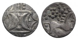 Celtic, Britain. Iceni. Antedios, c. AD 10-30(?). AR Unit (12mm, 0.97g). Two opposed crescents with pellets between, superimposed upon band of three l...