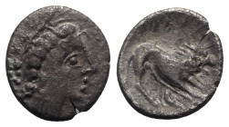 Celtic, Southern Gaul. Insubres, 2nd century BC. AR Drachm (14mm, 2.22g, 6h). Imitating Massalia. Head of nymph r. R/ Lion standing r. CCCBM II 18. To...