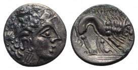 Celtic, Southern Gaul. Insubres, 2nd century BC. AR Drachm (14mm, 2.44g, 6h). Imitating Massalia. Head of nymph r. R/ Lion standing r. CCCBM II 23. To...