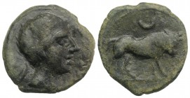 Spain, Castulo, late 2nd century BC. Æ Half Unit - Semis (20mm, 5.03g, 11h). Diademed male head r.; to r., Iberian I above palm frond. R/ Bull advanci...