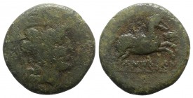 Spain, Emporion (as Untikesken), mid 2nd century BC. Æ As (32mm, 19.18g, 3h). Helmeted head of Athena r. R/ Pegasos flying r.; [wreath] above rump; to...