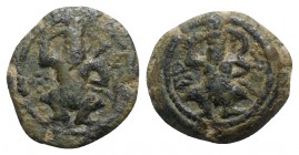 Islands of Spain, Ebusus, late 2nd-early 1st centuries BC. Æ (16mm, 3.74g, 3h). Bes standing facing, hurling mace and holding snake. R/ Bes standing f...