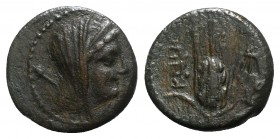 Northern Campania, Capua, c. 216-211 BC. Æ (16mm, 3.36g, 12h). Diademed and veiled bust of Hera r.; lotus-tipped sceptre over shoulder. R/ Grain ear; ...