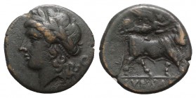 Northern Campania, Campania, Suessa Aurunca, c. 265-240 BC. Æ (19mm, 4.68g, 6h). Laureate head of Apollo l.; O behind. R/ Man-headed bull standing r.;...