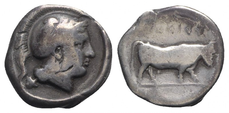 Southern Campania, Hyria, c. 405-395 BC. AR Didrachm (20mm, 7.15g, 9h). Helmeted...