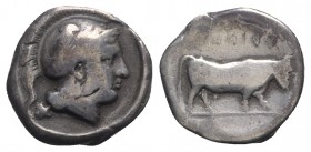 Southern Campania, Hyria, c. 405-395 BC. AR Didrachm (20mm, 7.15g, 9h). Helmeted head of Athena r., owl on helmet. R/ Man-headed bull standing r. Rutt...