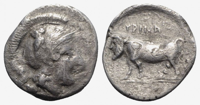 Southern Campania, Hyria, c. 405-395 BC. AR Didrachm (21.5mm, 6.46g, 5h). Helmet...