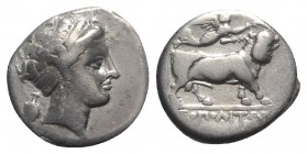Southern Campania, Neapolis, c. 300-275 BC. AR Didrachm (19mm, 7.15g, 8h). Head of nymph r.; amphora to l. R/ Man-headed bull advancing r., head facin...