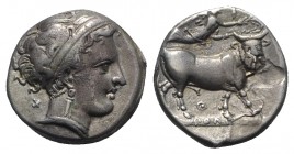 Southern Campania, Neapolis, c. 300-275 BC. AR Didrachm (20mm, 7.06g, 3h). Head of nymph r., wearing broad headband; X behind. R/ Man-headed bull walk...