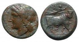 Southern Campania, Neapolis, c. 270-250 BC. Æ (20mm, 6.19g, 1h). Laureate head of Apollo l. R/ Man-headed bull standing r.; above, Nike flying r., pla...