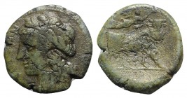 Southern Campania, Neapolis, c. 270-250 BC. Æ (19mm, 5.67g, 10h). Laureate head of Apollo l. R/ Man-headed bull standing r.; above, Nike flying r., pl...