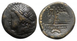 Southern Campania, Neapolis, c. 250-225 BC. Æ (20.5mm, 7.43g, 12h). Laureate head of Apollo l. within laureate wreath. R/ Lyre leaning against omphalo...