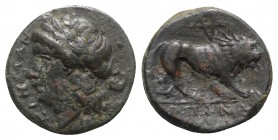 Northern Apulia, Arpi, c. 325-275 BC. Æ (19mm, 6.91g, 6h). Laureate head of Apollo l. R/ Lion standing r.; pentagram above. HNItaly 639; SNG Copenhage...