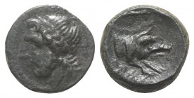 Northern Apulia, Arpi, c. 325-275 BC. Æ (14mm, 3.41g, 6h). Laureate head of Zeus l.; thunderbolt behind. R/ Forepart of boar r., spear above. HNItaly ...