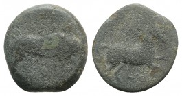 Northern Apulia, Arpi, c. 275-250 BC. Æ (18mm, 5.79g, 6h). Poullos, magistrate. Bull charging r. R/ Horse galloping r. HNItaly 645; SNG ANS 640-3. Fai...