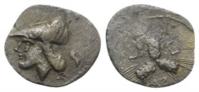 Northern Apulia, Arpi, c. 215-212 BC. AR Triobol (15mm, 1.26g). Helmeted head of Athena l. R/ Three grain ears conjoined at the stem. HNItaly 646; SNG...