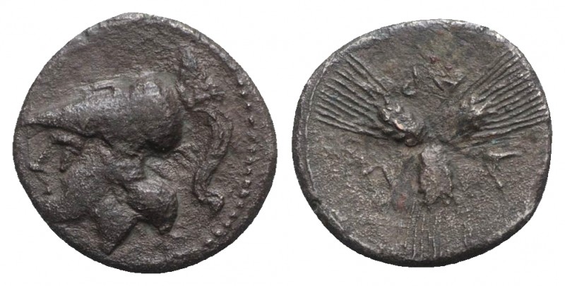 Northern Apulia, Arpi, c. 215-212 BC. AR Triobol (14mm, 1.68g). Helmeted head of...