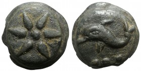 Northern Apulia, Luceria, c. 225-217 BC. Cast Æ Teruncius (40mm, 86.41g). Libral standard. Star of six rays on a raised disk. R/ Dolphin l.; three pel...