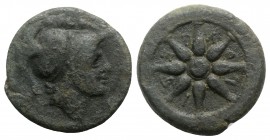 Northern Apulia, Luceria, c. 211-200 BC. Æ Quincunx (26mm, 14.43g). Helmeted head of Minerva r.; five pellets above. R/ Wheel of eight spokes. HNItaly...