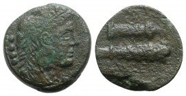 Northern Apulia, Luceria, c. 211-200 BC. Æ Quadrunx (24mm, 12.44g, 6h). Head of Herakles r., wearing lion's skin headdress; four pellets behind. R/ Qu...