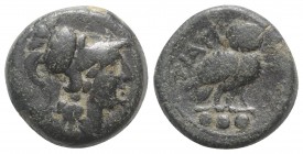 Northern Apulia, Teate, c. 225-200 BC. Æ Teruncius (22mm, 13.40g, 3h). Helmeted head of Athena r. R/ Owl standing r., head facing; three pellets below...