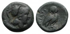 Northern Apulia, Teate, c. 225-200 BC. Æ Uncia (14mm, 3.99g, 6h). Helmeted head of Athena r. R/ Owl standing r., head facing; pellet below. HNItaly 70...