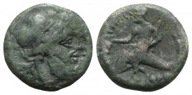 Northern Apulia, Teate, c. 225-200 BC. Æ Teruncius (22mm, 10.33g, 6h). Diademed head of Poseidon r. R/ Rider on dolphin l., holding kantharos and trid...