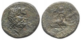 Southern Apulia, Brundisium, c. 2nd century BC. Æ Semis (22mm, 7.52g, 9h). Wreathed head of Neptune r.; to l., Victory, crowning him with wreath; trid...