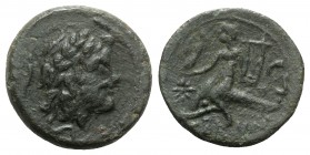 Southern Apulia, Brundisium, c. 2nd century BC. Æ Semis (22mm, 8.00g, 5h). Wreathed head of Neptune r.; to l., Victory, crowning him with wreath; trid...
